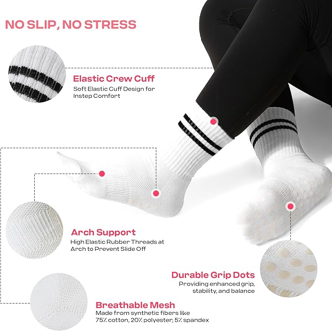 CoolMate Pilates Socks with Grips for Women, Yoga Socks, Crew Non Slip Women for Workout, Barre, Pilates Gifts