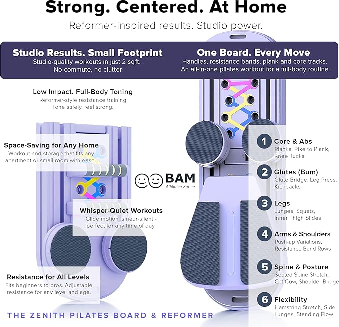 BAM Athletica Pilates Board & Reformer for Home Workouts | A Adjustable & Foldable Pilates Reformer & Board for Women, Full Body Toning, Core Strength & Abs | All-in-One Pilates Machine for Beginners