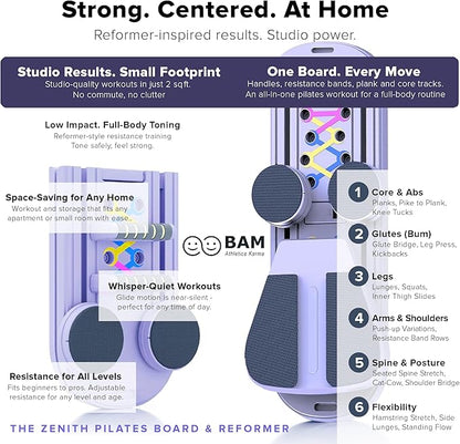 BAM Athletica Pilates Board & Reformer for Home Workouts | A Adjustable & Foldable Pilates Reformer & Board for Women, Full Body Toning, Core Strength & Abs | All-in-One Pilates Machine for Beginners