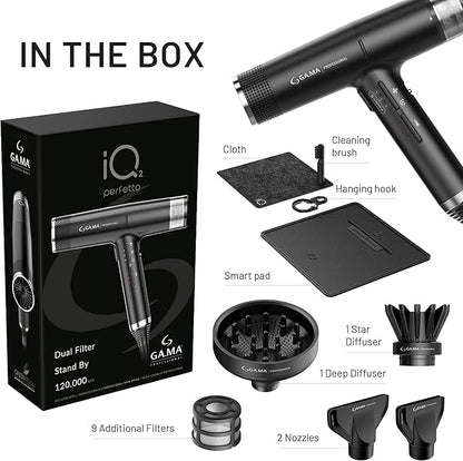 GA.MA iQ2 Perfetto Hair Dryer with 120,000 RPM Intelligent Turbo Motor, Auto-Standby, Oxy Active Technology, Includes 10 Filters, Black