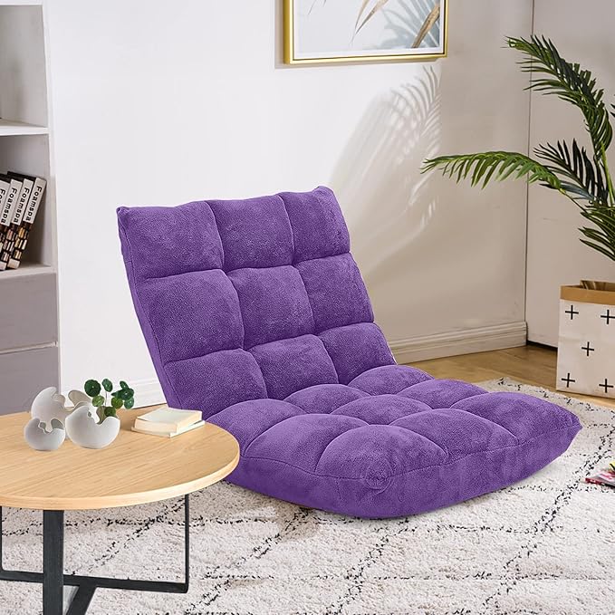 Moccha 14-Position Floor Chair, Folding Sofa Chair with Back Support, Memory Foam Floor Gaming Chairs for Adults, Adjustable Padded Couch Recliner Sleeper Bed for Reading, Meditating, Purple