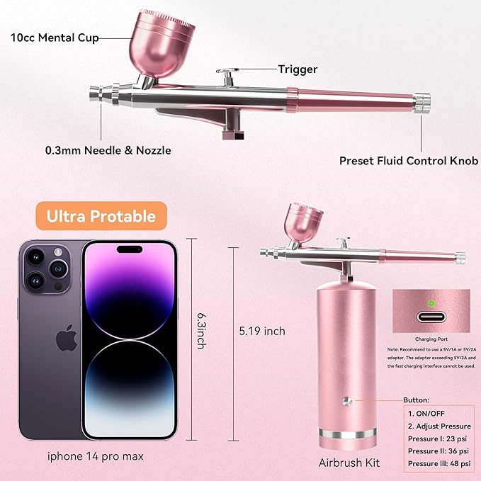 Airbrush Kit With Compressor - 48PSI Rechargeable Cordless Non-Clogging High-Pressure Air Brush Set with 0.3mm Nozzle and Cleaning Brush Set for Nail Art, Makeup, Painting, Cake Decor (Pink)