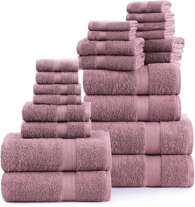 LANE LINEN 100% Cotton Bathroom Towels Set - 24 Pc - Ringspun, Quick Dry, Soft & Absorbent - 2 Bath Sheets, 4 Bath, 6 Hand Towels, 8 Washcloths, 4 Fingertip - Medium GSM, Regular Use - Wistful Mauve