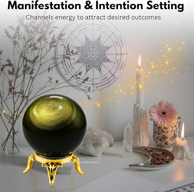 Amazing Gemstone Golden Sheen Obsidian Crystal Ball with Stand - 2 Inches Crystal Sphere Meditation Balls for Witchcraft and Decorative Balls