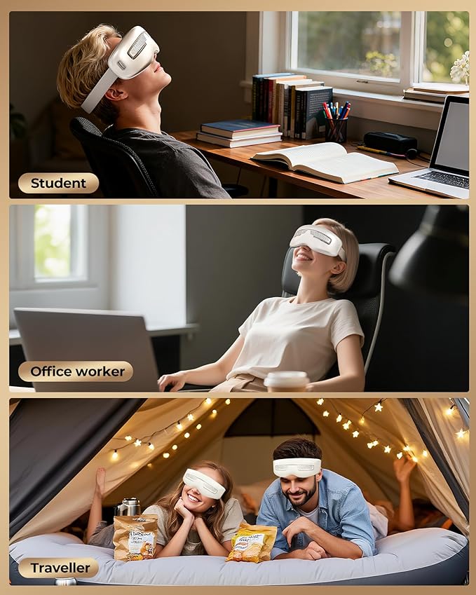 Eye Massager with Heat and Cooling, Integrated Smart Mask with Nose Rest and Soft Silicone Massage head, 4 Massage Modes for Migraines, Dry Eye, Dark Circles,Bluetooth Music, Gift for Women (White)