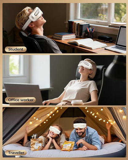 Eye Massager with Heat and Cooling, Integrated Smart Mask with Nose Rest and Soft Silicone Massage head, 4 Massage Modes for Migraines, Dry Eye, Dark Circles,Bluetooth Music, Gift for Women (White)