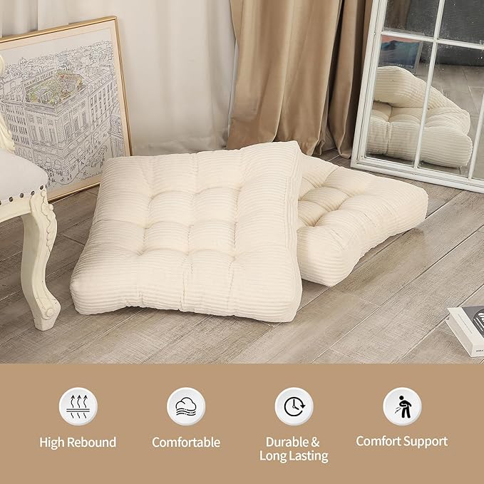 22 inches Meditation Pillow, 2 Pack Square Large Floor Cushions for Adults, Thick Corduroy Floor Pillows for Sitting, Yoga, Living Room, Sofa, Tatami, Beige