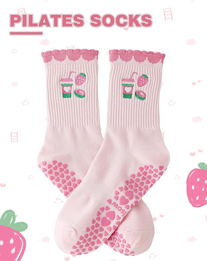 Yawlsow Pilates Grip Socks for Women Yoga Grippy Socks Cute Barre Non Skid Athletic Crew Sticky Sock Workout Hospital