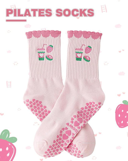Yawlsow Pilates Grip Socks for Women Yoga Grippy Socks Cute Barre Non Skid Athletic Crew Sticky Sock Workout Hospital