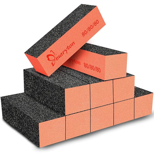 Maryton Nail Sanding Blocks, 80/80 Grit Nail Buffer Files for Acrylic Nails Kit Manicure Tool 10 PCS (Black Orange)