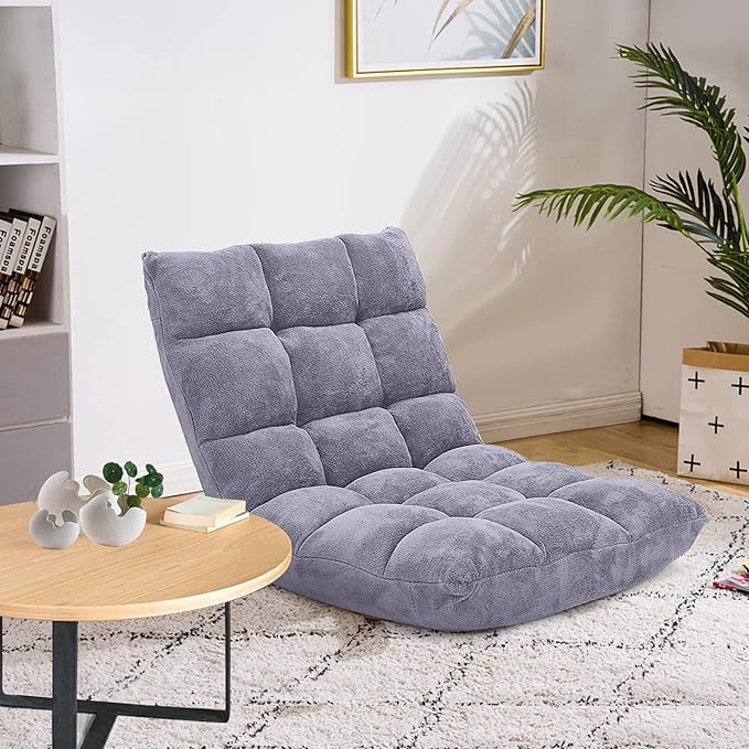 Moccha 14-Position Floor Chair, Folding Sofa Chair with Back Support, Memory Foam Floor Gaming Chairs for Adults, Adjustable Padded Couch Recliner Sleeper Bed for Reading, Meditating, Gray