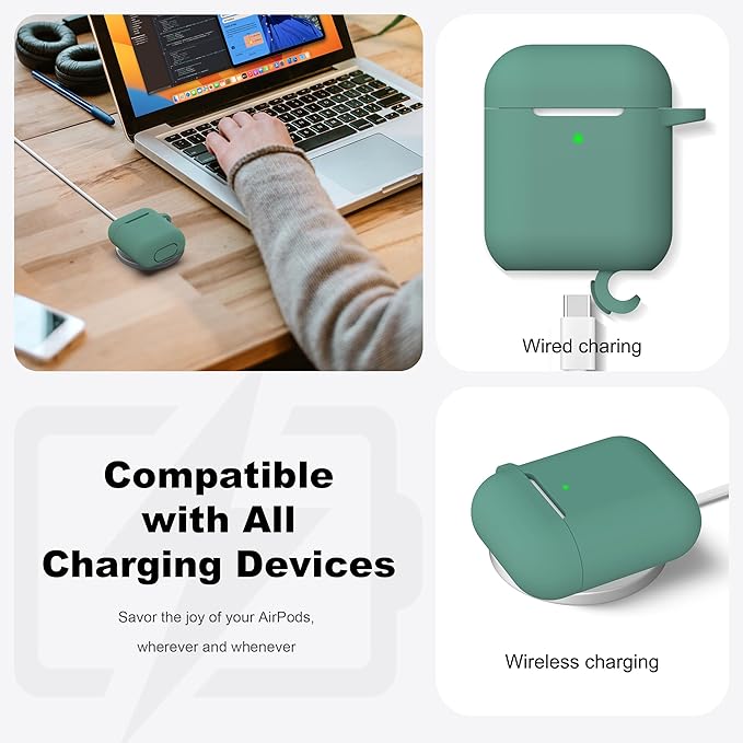 R-fun Compatible with AirPods Case Cover, Soft Silicone Protective Cover with Keychain for Women Men Compatible with Apple AirPods 2nd 1st Generation Charging Case, Front LED Visible,Pine Green