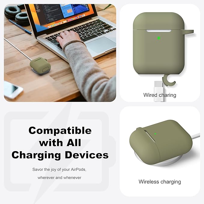 R-fun Compatible with AirPods Case Cover, Soft Silicone Protective Cover with Keychain for Women Men Compatible with Apple AirPods 2nd 1st Generation Charging Case, Front LED Visible,Olive