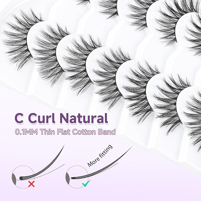 Cat Eye Lashes 16mm Anime Eyelashes 3D Volume False Eyelashes Natural 0.1MM Thin Band Soft C Curl Eye Lashes Pack 7 Pair