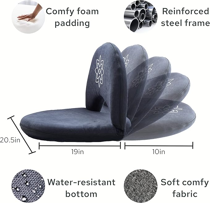 Mindful Modern Meditation Chair | Adjustable Floor Chair with Back Support | Padded Floor Seat for Posture Support and Comfort | Portable Folds Flat for Storage | Indoor/Outdoor Use | Stone Black