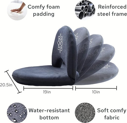 Mindful Modern Meditation Chair | Adjustable Floor Chair with Back Support | Padded Floor Seat for Posture Support and Comfort | Portable Folds Flat for Storage | Indoor/Outdoor Use | Stone Black