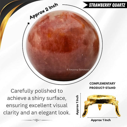 Amazing Gemstone Strawberry Quartz Crystal Ball with Stand - 2 Inches Crystal Sphere Meditation Balls for Witchcraft and Decorative Balls