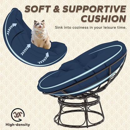 46'' Large Size Papasan Chair with Cushion and Frame, Living Room Chair for Reading, Navy Blue