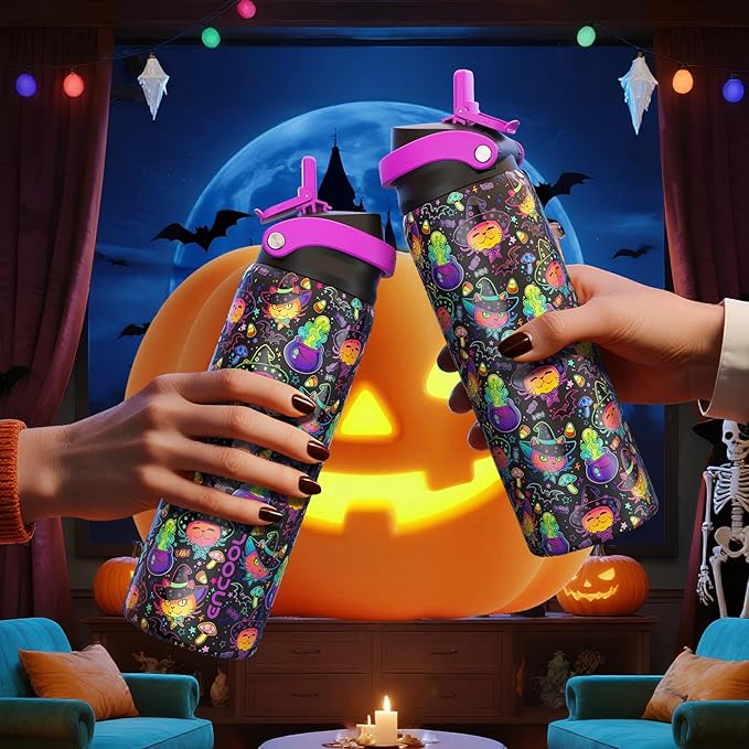 Halloween Gothic Water Bottle with Straw, Stainless Steel Insulated Water Bottle,Leak Proof, One-Touch Flip Lid, BPA Free, Holiday Gifts For Women Men, 32oz, Meowgic Night