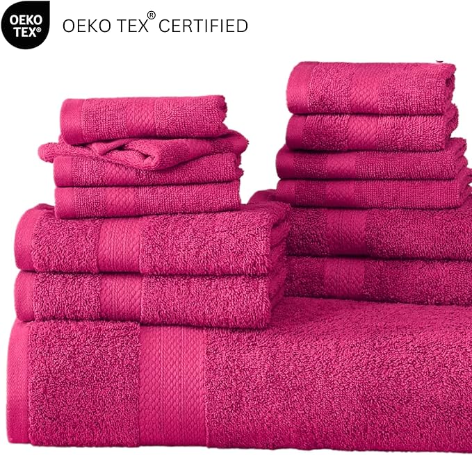 LANE LINEN 100% Cotton Bathroom Towels Set - 24 Pc - Ringspun - Plush, Quick Dry, Soft & Absorbent - 2 Bath Sheets, 4 Bath, 6 Hand Towels, 8 Washcloths, 4 Fingertip - Ideal for Daily Use- Fuchsia