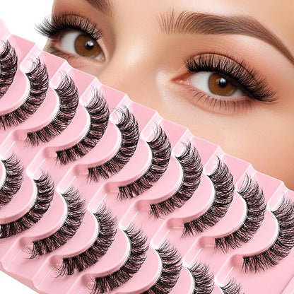 Lashes False Wispy Eyelashes Natural Cat Eye Lash Strips 10 Pairs Fake Mink Eyelash Pack 9-14mm Natural Look Fluffy Strip Lashes Clear Band Easy Eyelashes for Beginners with Cluster Looking