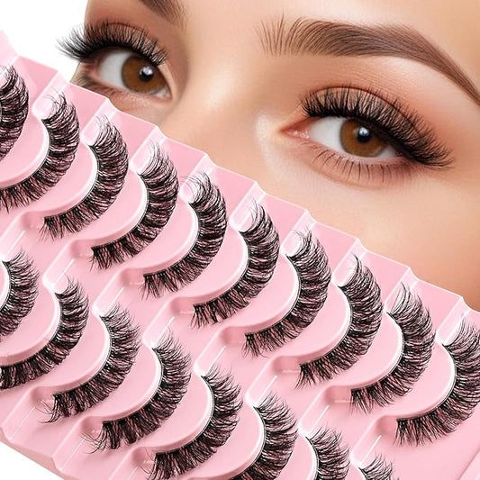 Lashes False Wispy Eyelashes Natural Cat Eye Lash Strips 10 Pairs Fake Mink Eyelash Pack 9-14mm Natural Look Fluffy Strip Lashes Clear Band Easy Eyelashes for Beginners with Cluster Looking
