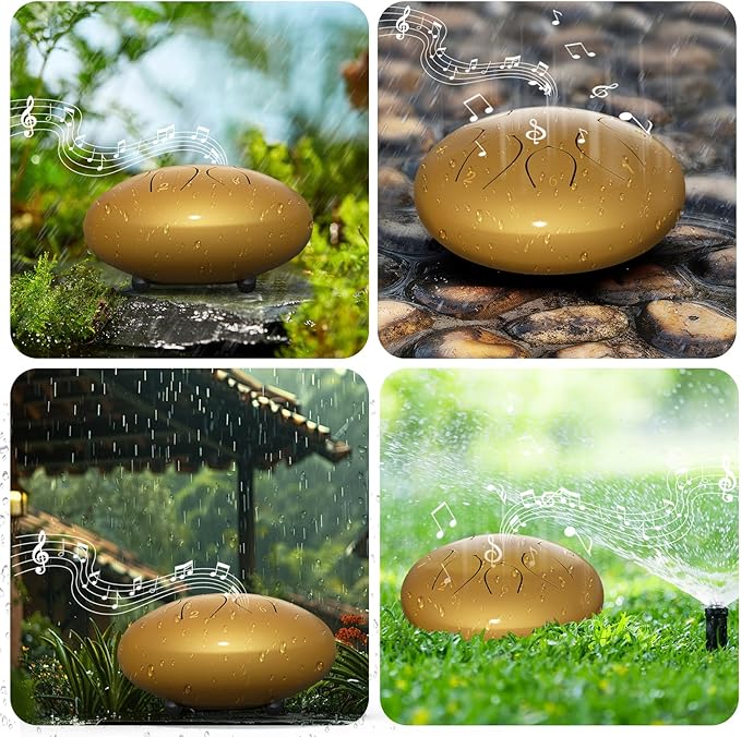 Rain Drum for Outside Garden, 6 Inches 8 Notes Steel Tongue Drums, Waterproof Meditation Rain Chime, Musical Instruments for Adult Gift with Bag, Music Book, Mallets (Gold)