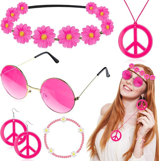 Batiyeer 6 Pcs Hippie Costume Accessories Set, Boho Peace Sign Daisy Flower 60s 70s Party Favors Decor for Groovy Party Women