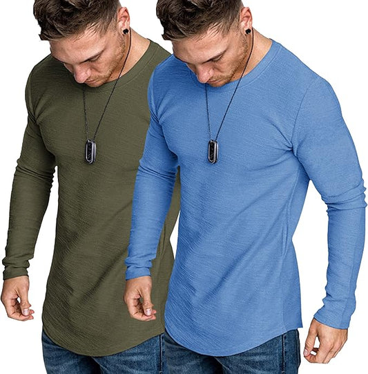 COOFANDY Men 2 Pack Muscle Fitted T Shirt Gym Workout Athletic Long Sleeves Tee