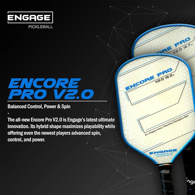 Engage Encore Pro V2.0 Pickleball Paddle – FiberFlex Fiberglass Face for Power & Spin, Available in Two Core Options (12.7mm for Power, 15.2mm for Control), Versatile Hybrid Shape