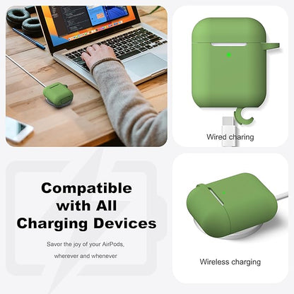 R-fun Compatible with AirPods Case Cover, Soft Silicone Protective Cover with Keychain for Women Men Compatible with Apple AirPods 2nd 1st Generation Charging Case, Front LED Visible,Olive Green