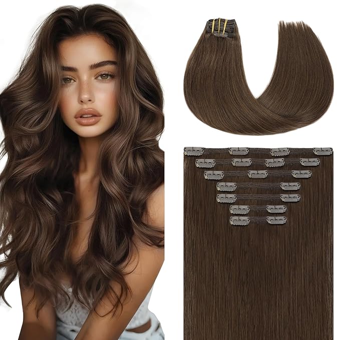 Youngsmile Clip in Hair Extensions Real Human Hair,Remy Brown Human Hair Extensions Clip in Double Weft 18 Inch 140 Grams 7 Pieces Chocolate Brown No Tangle No Shedding (7C#4-18Inch)