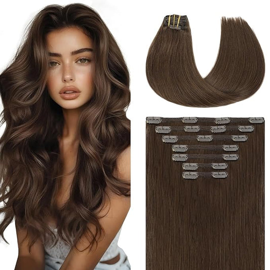 Youngsmile Clip in Hair Extensions Real Human Hair,Remy Brown Human Hair Extensions Clip in Double Weft 18 Inch 140 Grams 7 Pieces Chocolate Brown No Tangle No Shedding (7C#4-18Inch)