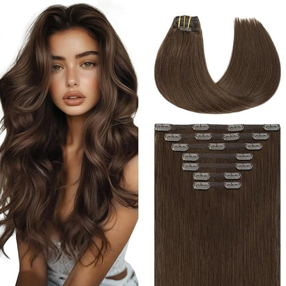 Youngsmile Double Weft Human Hair Clip in Hair Extensions 7 Pcs 20 Inch 160g, Color 4 Medium Brown, Soft Silk Straight,Clip in Remy Human Hair Extensions For Women(7C#4-20Inch)