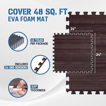 Yes4All 48SQ.FT Wood Grain Puzzle Exercise Mat Protective Flooring, EVA Interlocking Foam Floor Tiles with Border for Home
