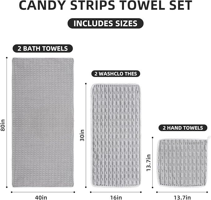 40x80 Inches Oversized Bath Sheets Extra Large Bath Towels Set of 6 for Adults Super Soft Quick Dry Lightweight Lint Free Absorbent Stripe Microfiber Shower Towels (Grey,6 Piece)
