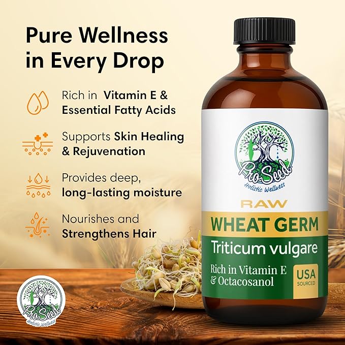 ProSeed Handmade Raw Wheat Germ Oil – Virgin, Unfiltered & Cold-Pressed Non-GMO Carrier Oil – High in Vitamin E & Omega Fatty Acids for Hair, Face, Skin & Body – 240ml (8oz) Glass Bottle