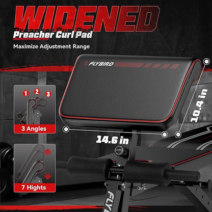 FLYBIRD 3 in 1 Adjustable Weight Bench with Leg Extension & Preacher Curl Pad for Full Body Workout, 800LBS Foldable Exercise Bench at Home Gym, Portable Lifting Incline Decline Flat Strength Training