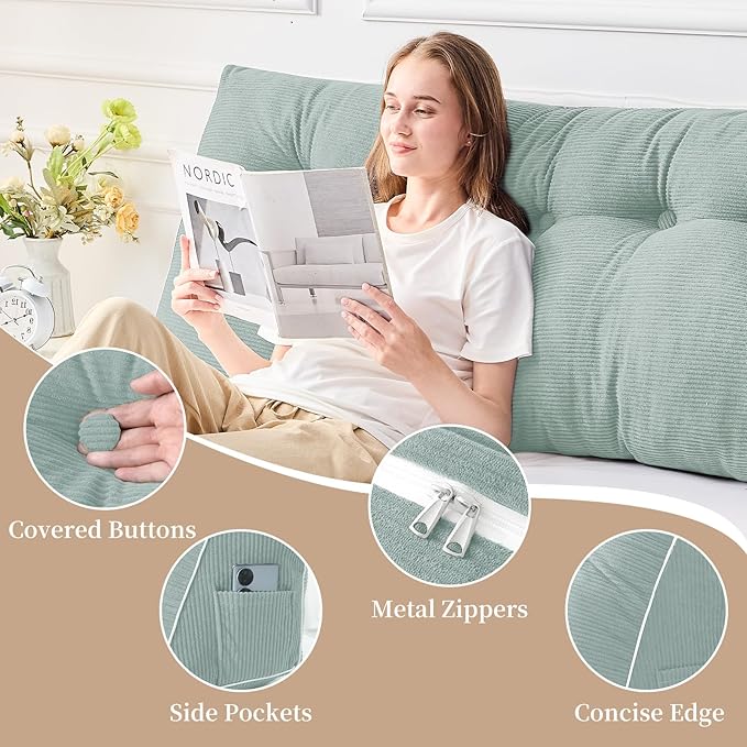 Sasttie Headboard Pillow King, Wedge Pillow Headboard for Sitting Up in Bed, Back-Rest Support Triangular Cushion for Reading - Features Removable Washable Cover, Mint Green