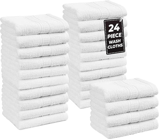 LANE LINEN 100% Cotton Washcloths 24 Pack - Spa & Salon Quality Face Towels - Ring Spun, Soft & Absorbent Wash Cloth Rags for Body, Beauty, Home, Gym - Fingertip Towels - 13"x13", White Washcloths