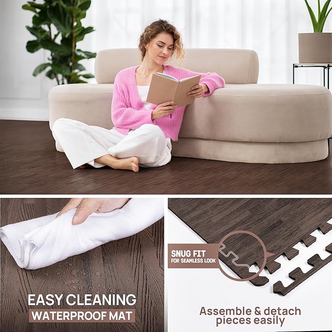 Yes4All 48SQ.FT Wood Grain Puzzle Exercise Mat Protective Flooring, EVA Interlocking Foam Floor Tiles with Border for Home