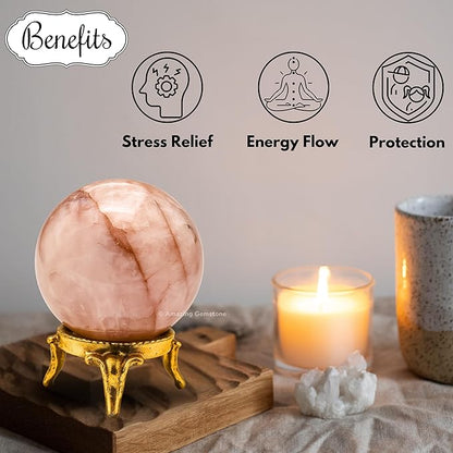Amazing Gemstone Red Hematoid Quartz Crystal Ball with Stand - 2 Inches Crystal Sphere Meditation Balls for Witchcraft and Decorative Balls