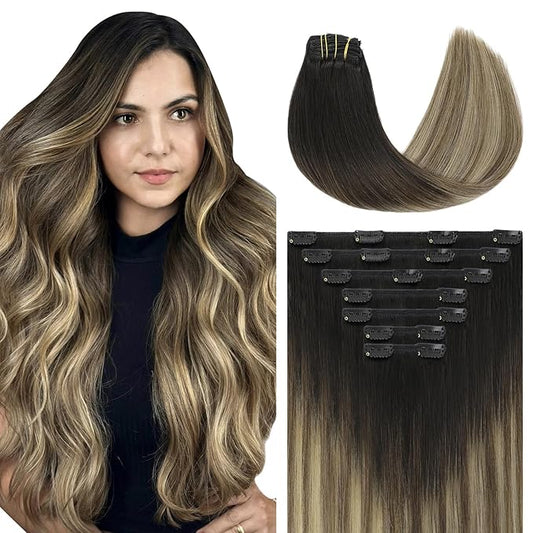 Youngsmile Clip in Hair Extensions Human Hair, Balayage Dark Brown with Caramel Brown Clip in Extensions,Natural Human Hair Double Weft Silk Straight,160g 20inch 7pieces (7C#1B/4/27-20Inch)