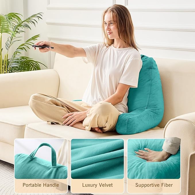 Sasttie Reading Pillow, Velvet Back Pillow for Bed Sitting Up, Adult Back-Rest Support Cushion with Arms for Sit Up on Couch, Sofa, and Floor, Dorm Essentials, Reading Accessories, Teal Cyan