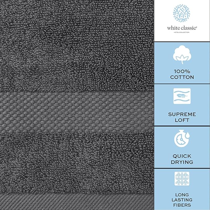 White Classic Luxury Bath Towel Set of 8 Pieces - 100% Turkish Cotton Highly Absorbent Towels for Bathroom, 2 Luxury Bath Towels 700GSM, 2 Hand Towels, 4 Washcloths, Dark Gray