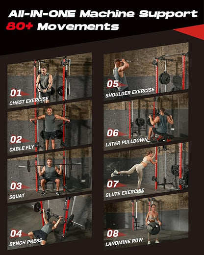 Folding Power Rack, Wall Mounted Squat Rack with Dual Independent Pulley System, Multi-Function Power Cage with 5 Adjustable Function Modes, Power Rack Trainer for Space Saving Home Gym