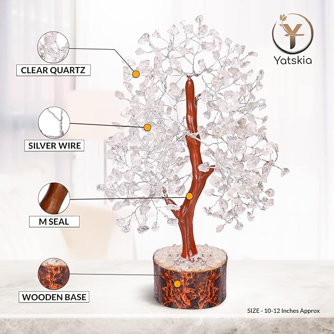 YATSKIA Clear Quartz Crystal Tree - Sculpture, Handmade 100% Natural Gemstones, Customizable, Home Decor, Feng Shui, Housewarming Gift