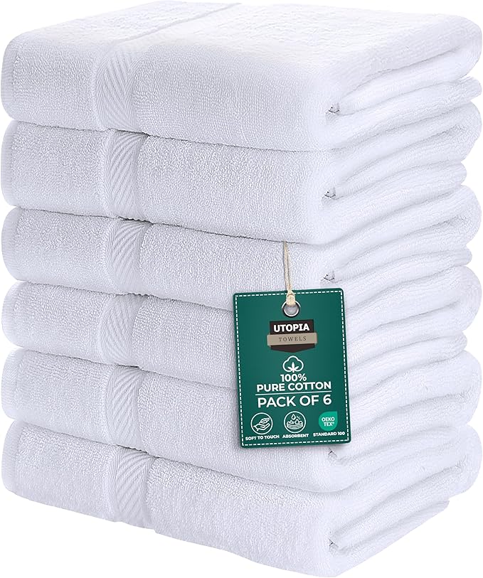 Utopia Towels 6 Pack Medium Bath Towel Set, 24 by 48 Inches, 500 GSM 100% Ring Spun Cotton, Lightweight and Highly Absorbent Quick Drying Premium Towels for Hotel, Spa and Bathroom, White