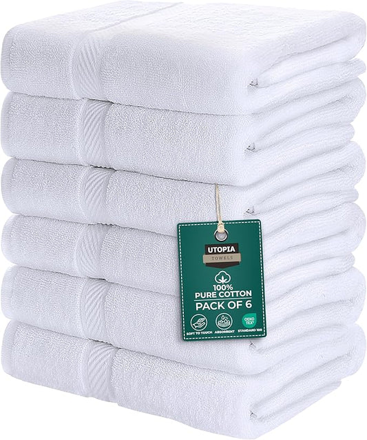 Utopia Towels 6 Pack Medium Bath Towel Set, 24 by 48 Inches, 500 GSM 100% Ring Spun Cotton, Lightweight and Highly Absorbent Quick Drying Premium Towels for Hotel, Spa and Bathroom, White