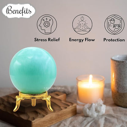 Amazing Gemstone Amazonite Crystal Ball with Stand - 2" Inches Crystal Sphere Meditation Balls for Witchcraft and Decorative Balls